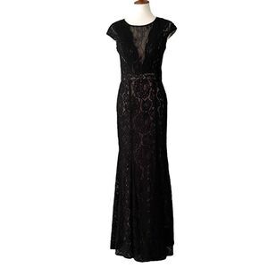 XSCAPE Black Round Neck Cap Sleeve Floral Print Lace Mermaid Gown Dress Size 10